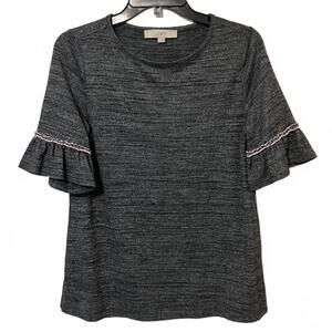LOFT Women's Gray Space Dye Short Ruffle Sleeve Decorative Loose Fit Top Size XS